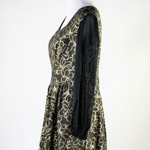 Vintage 1960s Black Gold Floral Printed Dress with Chiffon Long Sleeves Large - Picture 6 of 9